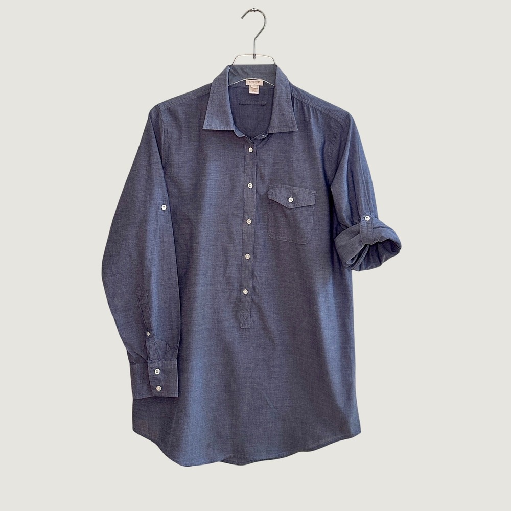 J.Crew Womens Blue Chambray Cotton Popover Tunic Shirt Roll Tab Sleeve Small